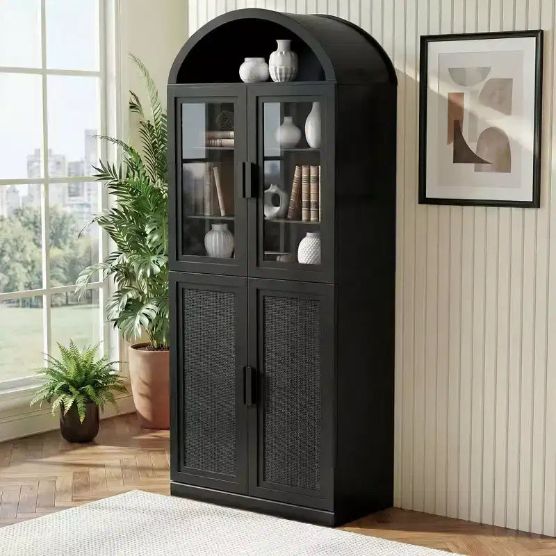 Vitrine arquée meuble de rangement autonome avec portes en verre et en rotin étagères réglables pour salon bureau cuisine salle à manger