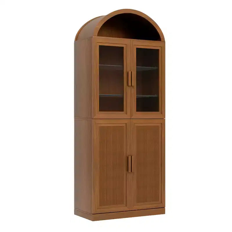 Vitrine arquée meuble de rangement autonome avec portes en verre et en rotin étagères réglables pour salon bureau cuisine salle à manger