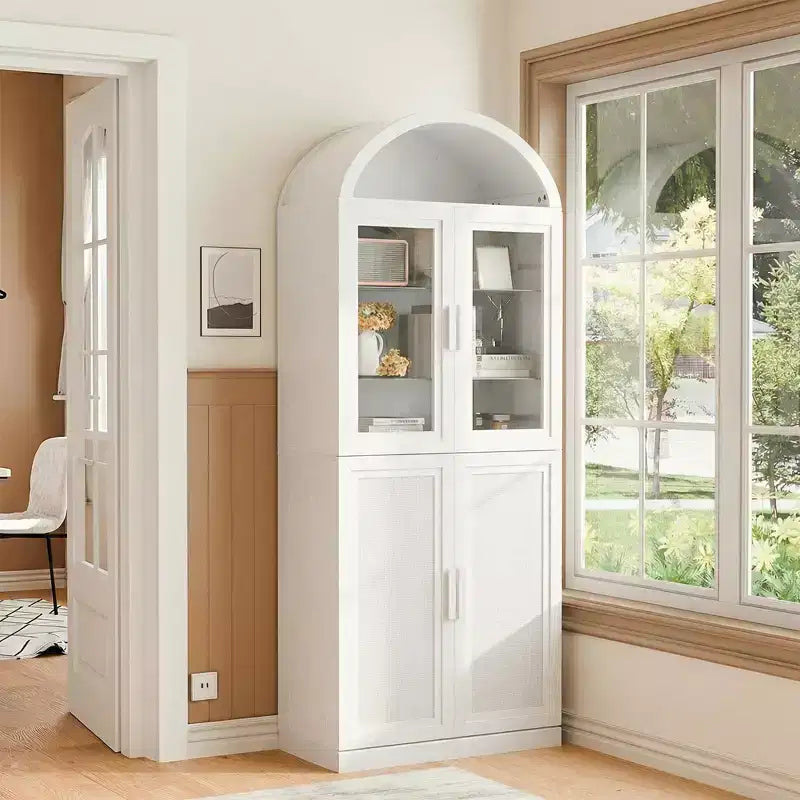 Vitrine arquée meuble de rangement autonome avec portes en verre et en rotin étagères réglables pour salon bureau cuisine salle à manger