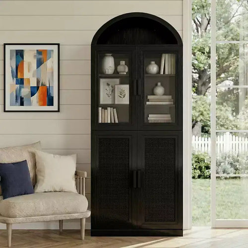 Arched Display Cabinet Freestanding Storage Cabinet with Glass & Rattan Doors Adjustable Shelves for Living Room Office Kitchen Dining Room