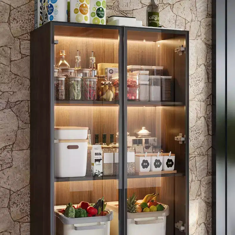 Armoire de Rangement de Cuisine Famapy avec Étagère Réglable, Vaisselier de Cuisine 3 Lumières, Meuble Haut de Cuisine avec Porte Vitrée, Organiseur Grain de Bois Foncé pour Cuisine et Bar