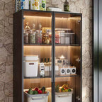 Armoire de Rangement de Cuisine Famapy avec Étagère Réglable, Vaisselier de Cuisine 3 Lumières, Meuble Haut de Cuisine avec Porte Vitrée, Organiseur Grain de Bois Foncé pour Cuisine et Bar