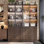 Armoire de Rangement de Cuisine Famapy avec Étagère Réglable, Vaisselier de Cuisine 3 Lumières, Meuble Haut de Cuisine avec Porte Vitrée, Organiseur Grain de Bois Foncé pour Cuisine et Bar