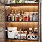 Armoire de Rangement de Cuisine Famapy avec Étagère Réglable, Vaisselier de Cuisine 3 Lumières, Meuble Haut de Cuisine avec Porte Vitrée, Organiseur Grain de Bois Foncé pour Cuisine et Bar