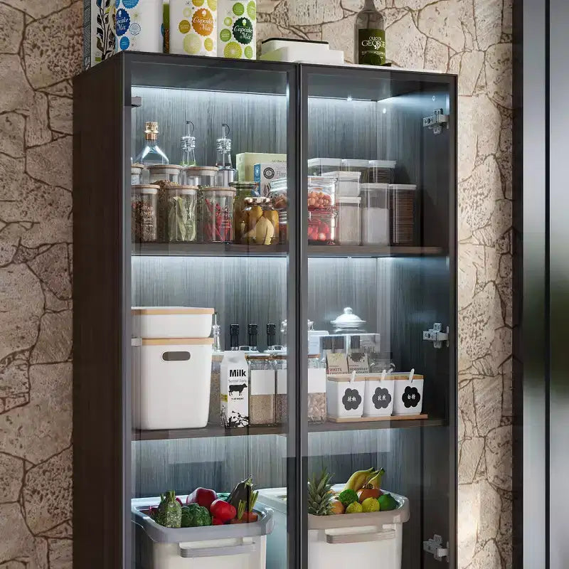 Armoire de Rangement de Cuisine Famapy avec Étagère Réglable, Vaisselier de Cuisine 3 Lumières, Meuble Haut de Cuisine avec Porte Vitrée, Organiseur Grain de Bois Foncé pour Cuisine et Bar