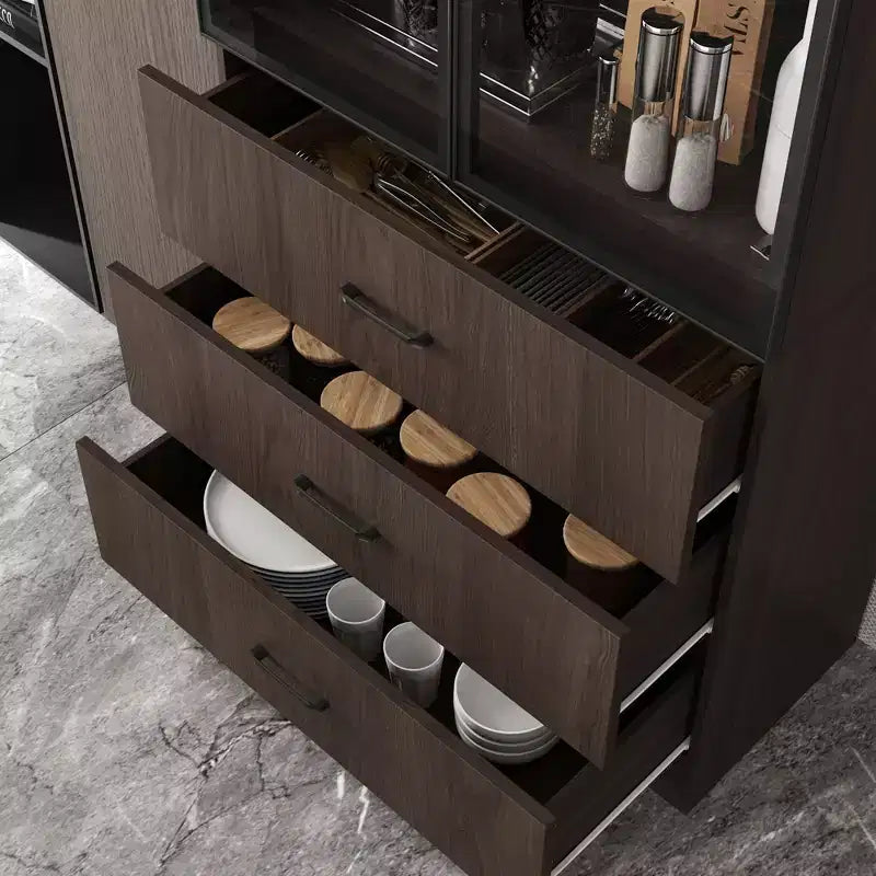Armoire de Rangement de Cuisine Famapy avec Étagère Réglable, Vaisselier de Cuisine 3 Lumières, Meuble Haut de Cuisine avec Porte Vitrée, Organiseur Grain de Bois Foncé pour Cuisine et Bar