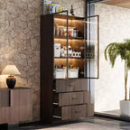 Armoire de Rangement de Cuisine Famapy avec Étagère Réglable, Vaisselier de Cuisine 3 Lumières, Meuble Haut de Cuisine avec Porte Vitrée, Organiseur Grain de Bois Foncé pour Cuisine et Bar