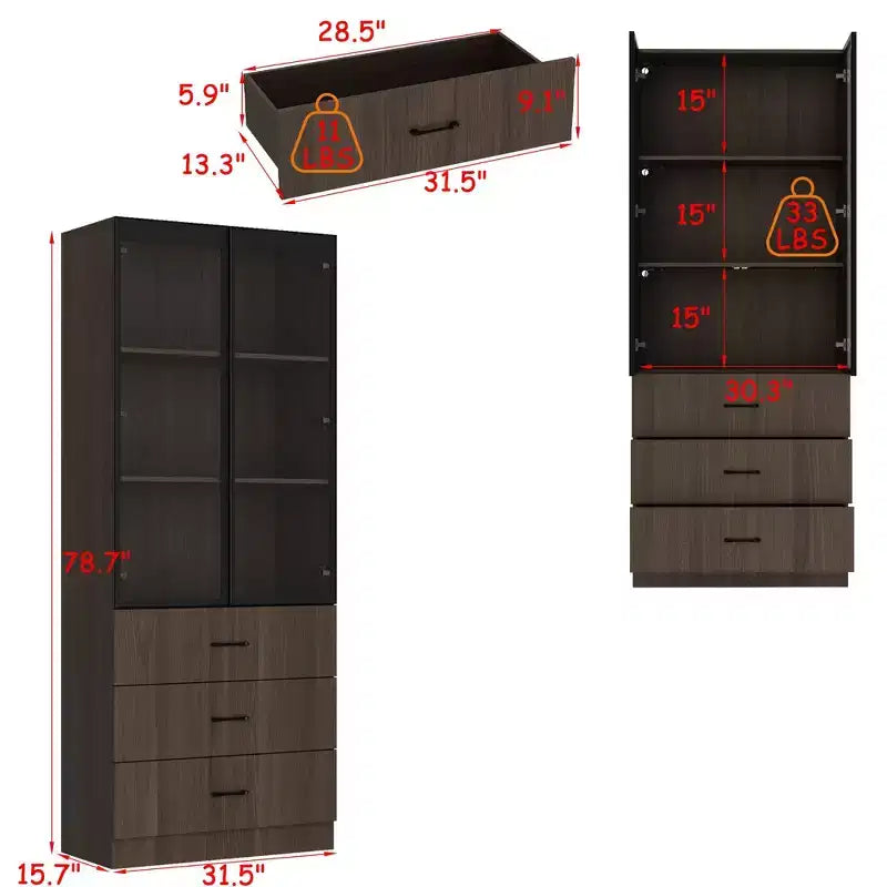 Armoire de Rangement de Cuisine Famapy avec Étagère Réglable, Vaisselier de Cuisine 3 Lumières, Meuble Haut de Cuisine avec Porte Vitrée, Organiseur Grain de Bois Foncé pour Cuisine et Bar