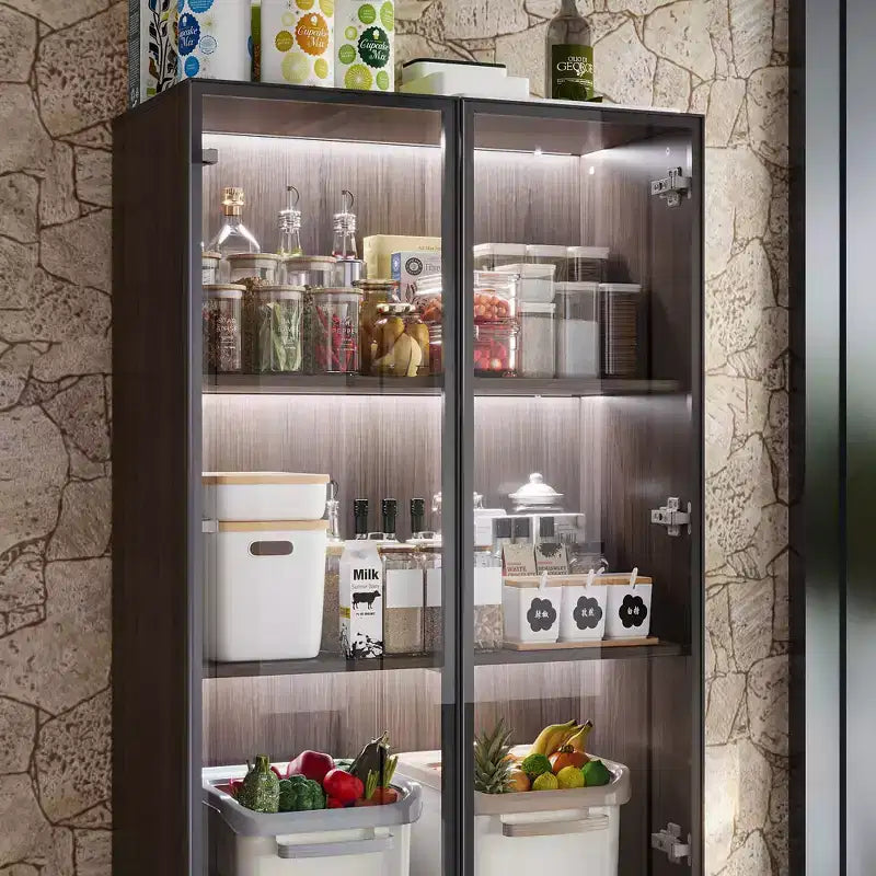 Armoire de Rangement de Cuisine Famapy avec Étagère Réglable, Vaisselier de Cuisine 3 Lumières, Meuble Haut de Cuisine avec Porte Vitrée, Organiseur Grain de Bois Foncé pour Cuisine et Bar