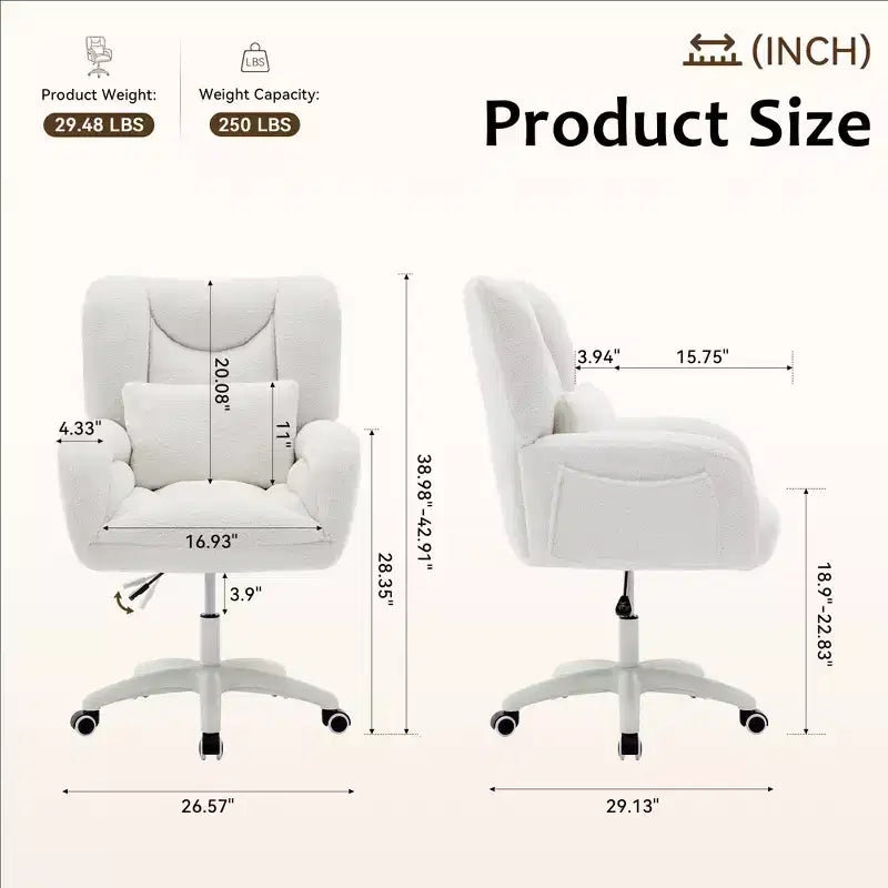 Chaise de bureau réglable GDFStudio Melli en tissu Teddy avec coussin lombaire et roulettes
