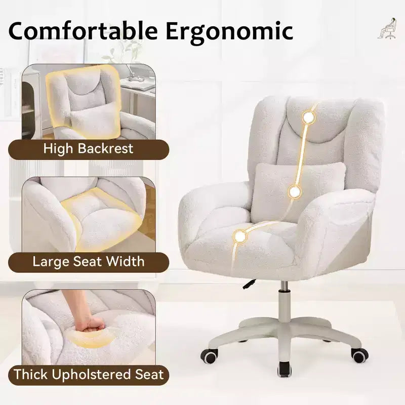 Chaise de bureau réglable GDFStudio Melli en tissu Teddy avec coussin lombaire et roulettes