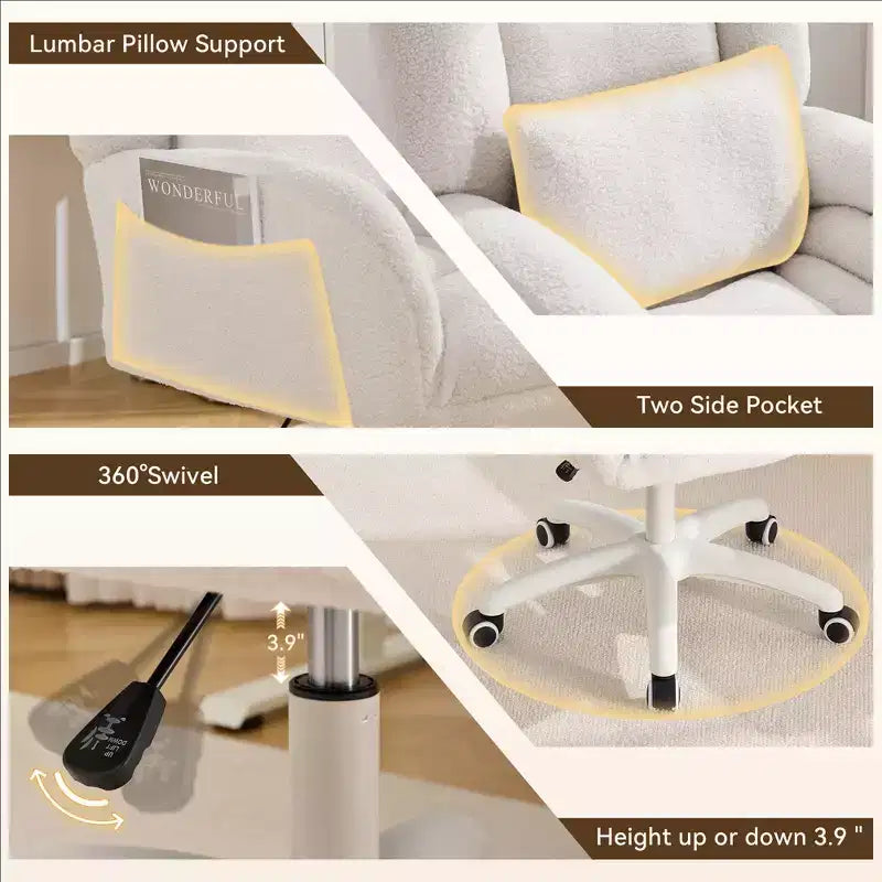 Chaise de bureau réglable GDFStudio Melli en tissu Teddy avec coussin lombaire et roulettes