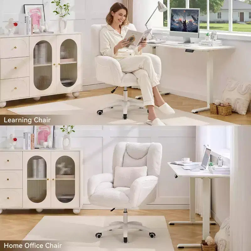 Chaise de bureau réglable GDFStudio Melli en tissu Teddy avec coussin lombaire et roulettes