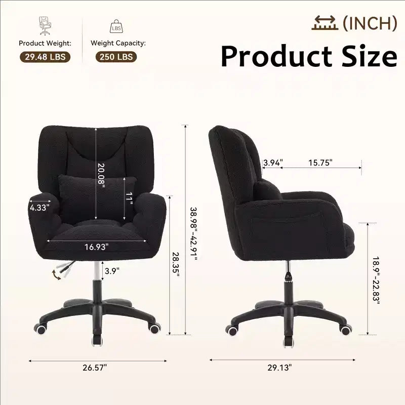 Chaise de bureau réglable GDFStudio Melli en tissu Teddy avec coussin lombaire et roulettes