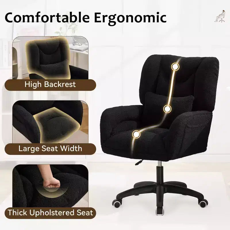 Chaise de bureau réglable GDFStudio Melli en tissu Teddy avec coussin lombaire et roulettes