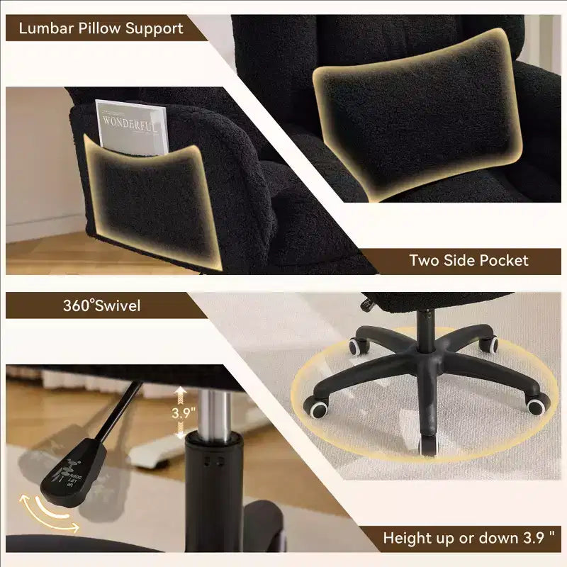 Chaise de bureau réglable GDFStudio Melli en tissu Teddy avec coussin lombaire et roulettes