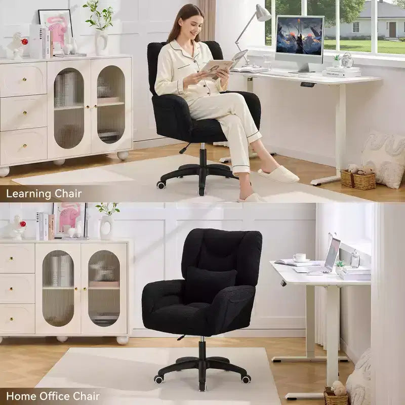 Chaise de bureau réglable GDFStudio Melli en tissu Teddy avec coussin lombaire et roulettes