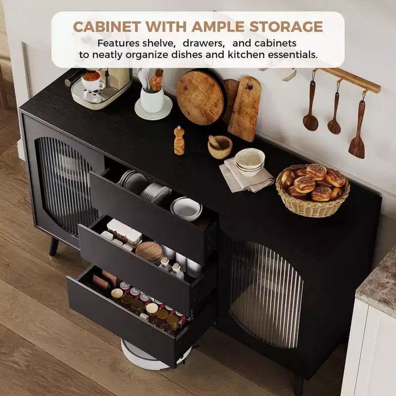 Buffet noir contemporain – Grand bahut de rangement avec portes coulissantes en verre cannelé et tiroirs – Idéal pour la cuisine, la salle à manger ou le salon