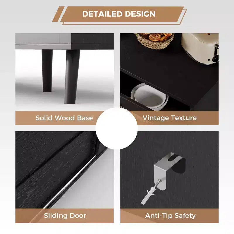 Buffet noir contemporain – Grand bahut de rangement avec portes coulissantes en verre cannelé et tiroirs – Idéal pour la cuisine, la salle à manger ou le salon