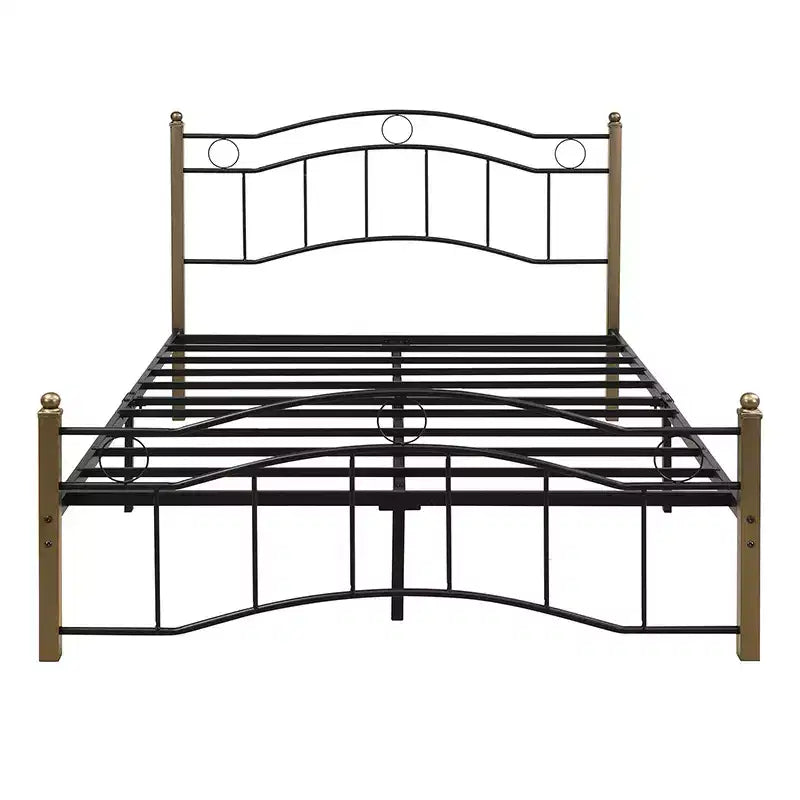 Lit plateforme Whisen entièrement métallique avec tête de lit ondulée, pied de lit géométrique, embouts classiques, barre centrale, montage facile - Noir et or