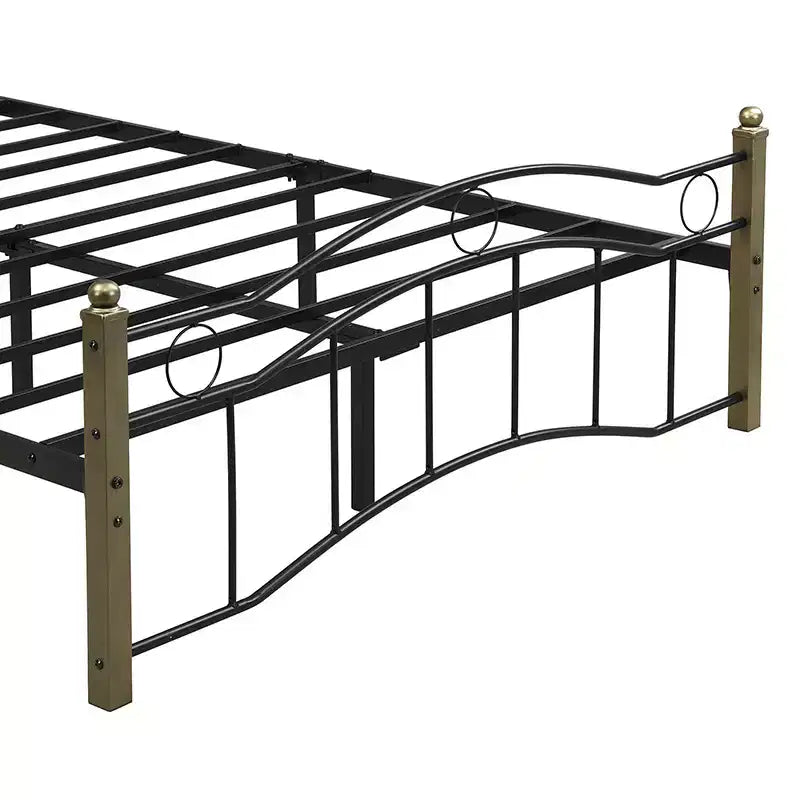 Lit plateforme Whisen entièrement métallique avec tête de lit ondulée, pied de lit géométrique, embouts classiques, barre centrale, montage facile - Noir et or