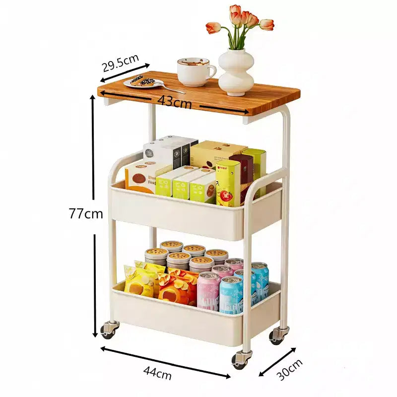 Chariot de rangement à roulettes 3 niveaux avec plateau en bois et cadre en métal, organisateur de rangement polyvalent sur roulettes verrouillables pour la cuisine