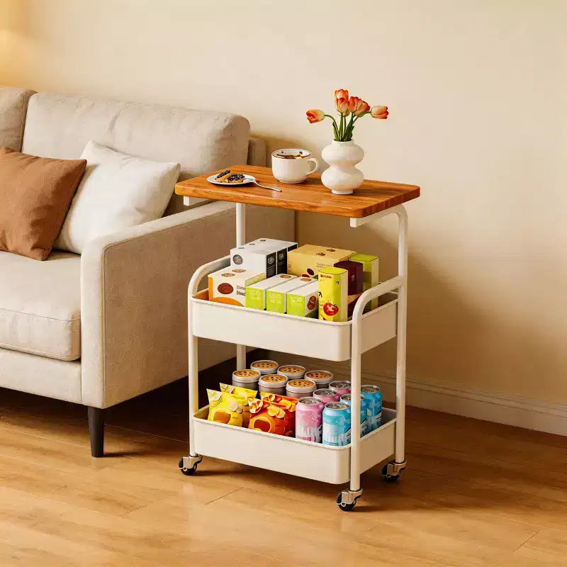 Chariot de rangement à roulettes 3 niveaux avec plateau en bois et cadre en métal, organisateur de rangement polyvalent sur roulettes verrouillables pour la cuisine