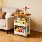 Chariot de rangement à roulettes 3 niveaux avec plateau en bois et cadre en métal, organisateur de rangement polyvalent sur roulettes verrouillables pour la cuisine