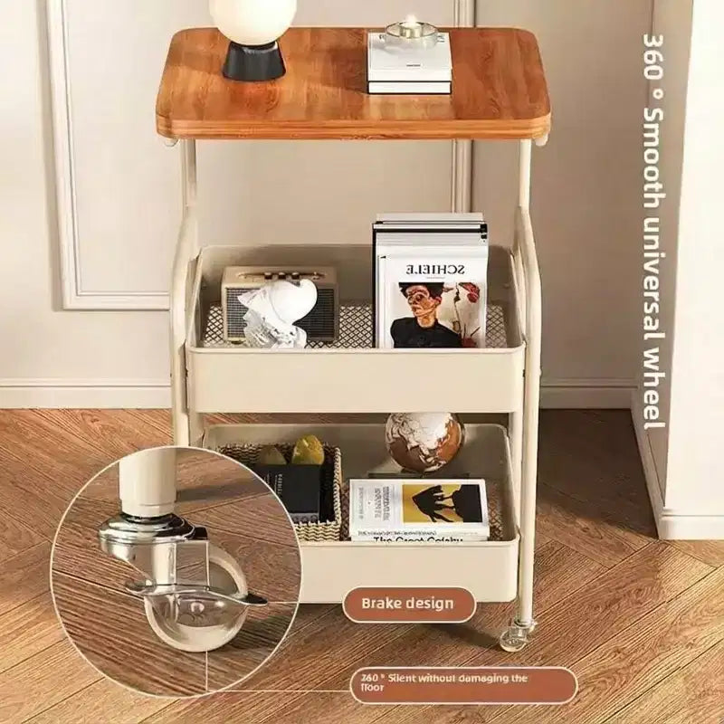 Chariot de rangement à roulettes 3 niveaux avec plateau en bois et cadre en métal, organisateur de rangement polyvalent sur roulettes verrouillables pour la cuisine