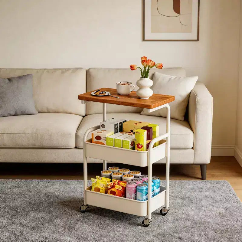 Chariot de rangement à roulettes 3 niveaux avec plateau en bois et cadre en métal, organisateur de rangement polyvalent sur roulettes verrouillables pour la cuisine