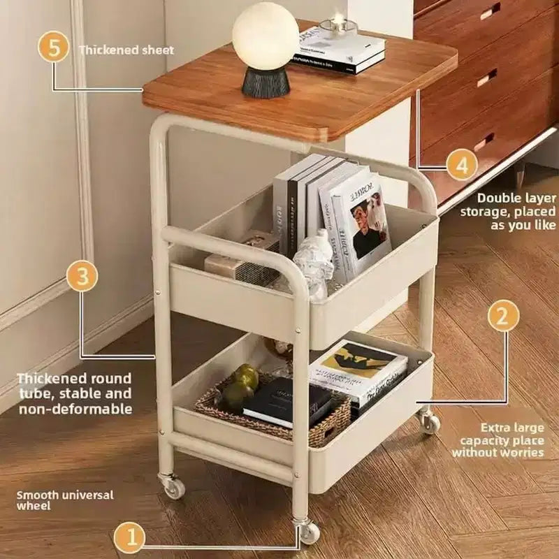 Chariot de rangement à roulettes 3 niveaux avec plateau en bois et cadre en métal, organisateur de rangement polyvalent sur roulettes verrouillables pour la cuisine