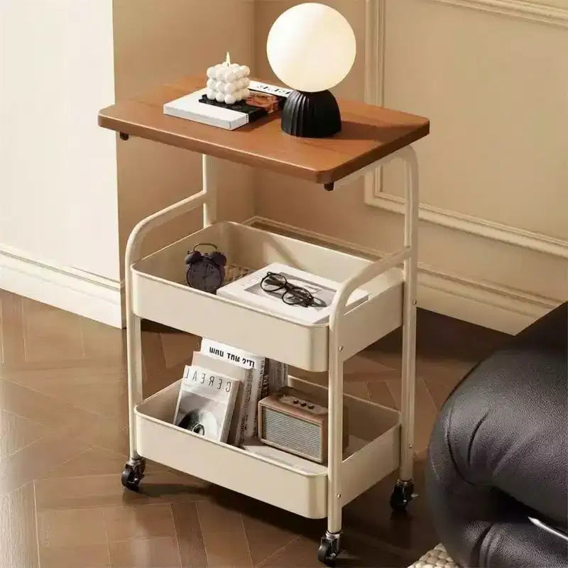 Chariot de rangement à roulettes 3 niveaux avec plateau en bois et cadre en métal, organisateur de rangement polyvalent sur roulettes verrouillables pour la cuisine