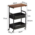 Chariot de rangement à roulettes 3 niveaux avec plateau en bois et cadre en métal, organisateur de rangement polyvalent sur roulettes verrouillables pour la cuisine