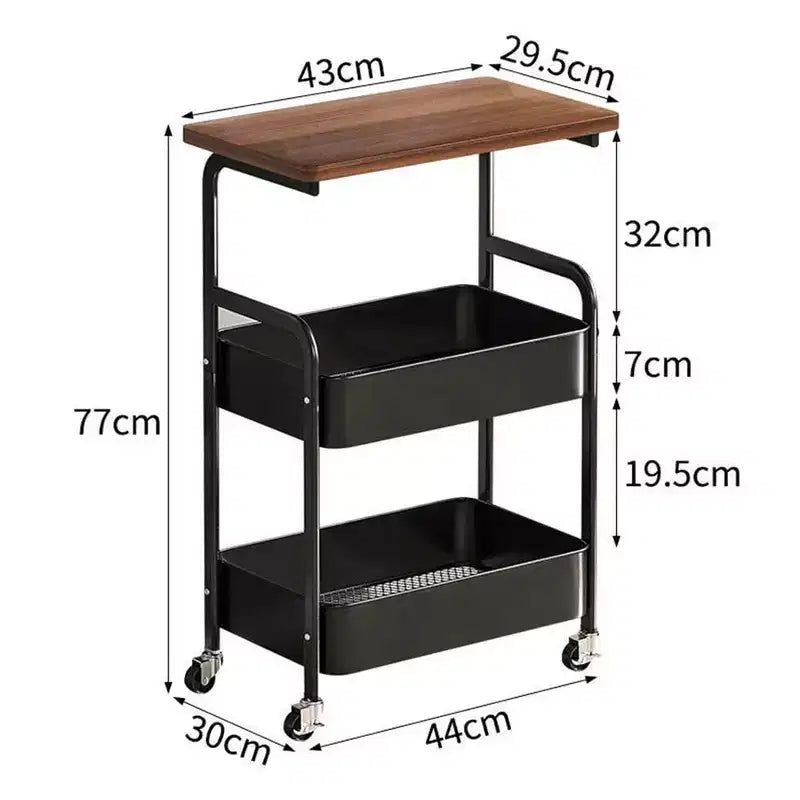 Chariot de rangement à roulettes 3 niveaux avec plateau en bois et cadre en métal, organisateur de rangement polyvalent sur roulettes verrouillables pour la cuisine