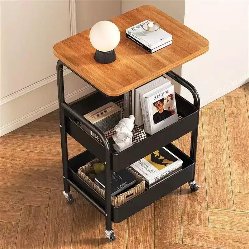 Chariot de rangement à roulettes 3 niveaux avec plateau en bois et cadre en métal, organisateur de rangement polyvalent sur roulettes verrouillables pour la cuisine
