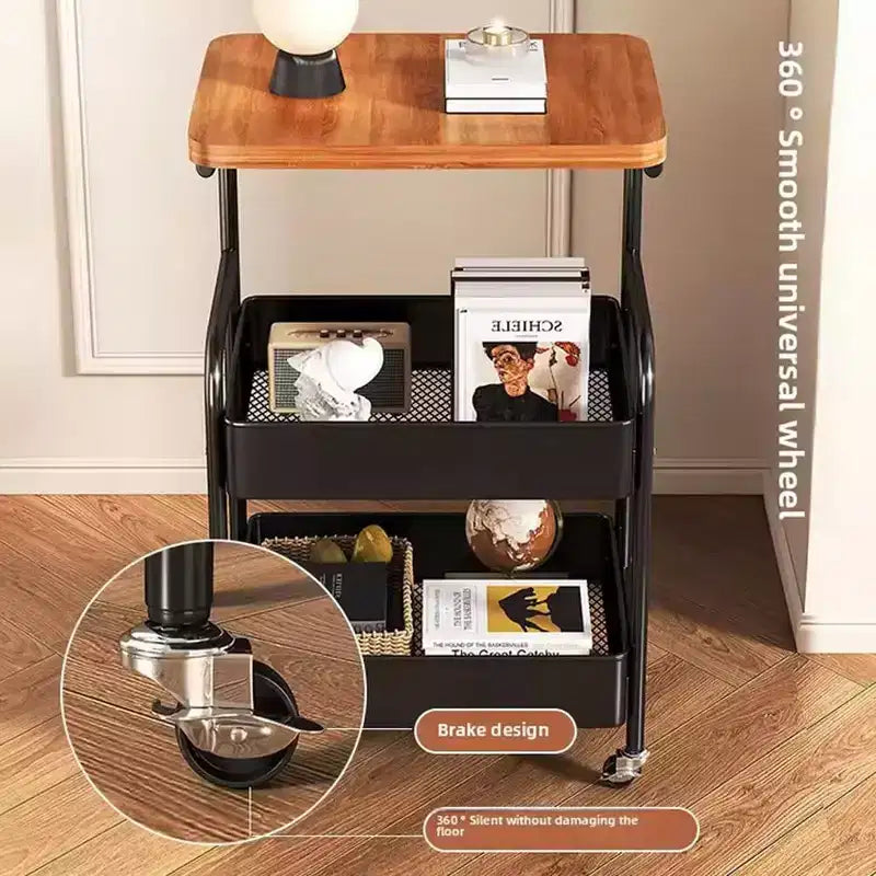 Chariot de rangement à roulettes 3 niveaux avec plateau en bois et cadre en métal, organisateur de rangement polyvalent sur roulettes verrouillables pour la cuisine