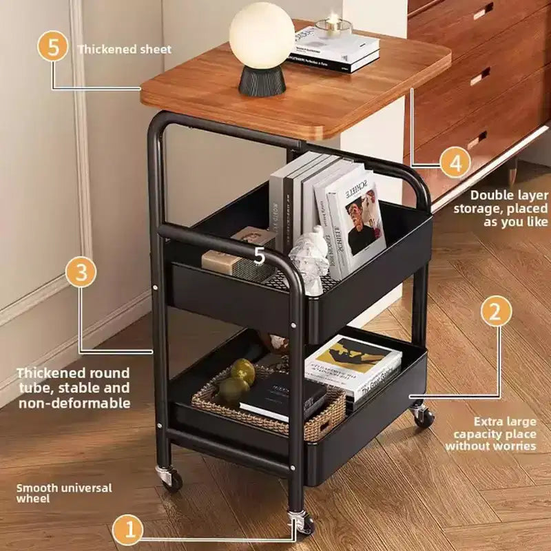 Chariot de rangement à roulettes 3 niveaux avec plateau en bois et cadre en métal, organisateur de rangement polyvalent sur roulettes verrouillables pour la cuisine