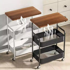 Chariot de rangement à roulettes 3 niveaux avec plateau en bois et cadre en métal, organisateur de rangement polyvalent sur roulettes verrouillables pour la cuisine