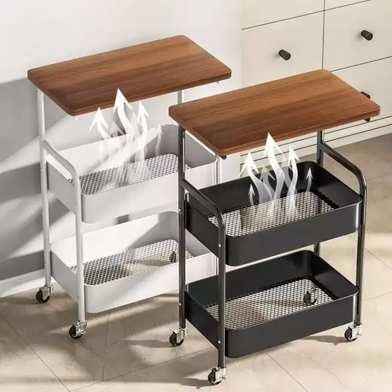 Chariot de rangement à roulettes 3 niveaux avec plateau en bois et cadre en métal, organisateur de rangement polyvalent sur roulettes verrouillables pour la cuisine