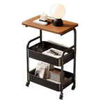 Chariot de rangement à roulettes 3 niveaux avec plateau en bois et cadre en métal, organisateur de rangement polyvalent sur roulettes verrouillables pour la cuisine