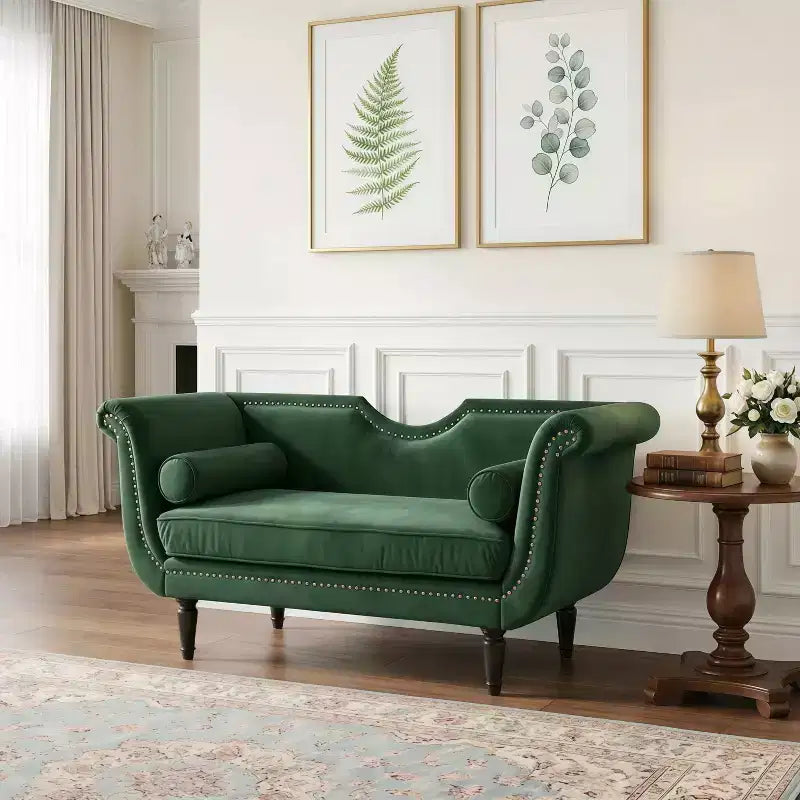 Banc en Velours Whisen 134,6 cm avec Accoudoirs Roulés, Accents de Rivets, Siège Rembourré Minimaliste de Pied de Lit, 2 Coussins, Rembourrage en Mousse Haute Densité