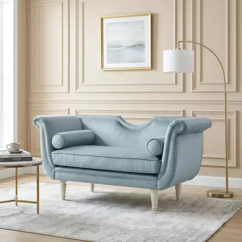 Banc en Velours Whisen 134,6 cm avec Accoudoirs Roulés, Accents de Rivets, Siège Rembourré Minimaliste de Pied de Lit, 2 Coussins, Rembourrage en Mousse Haute Densité