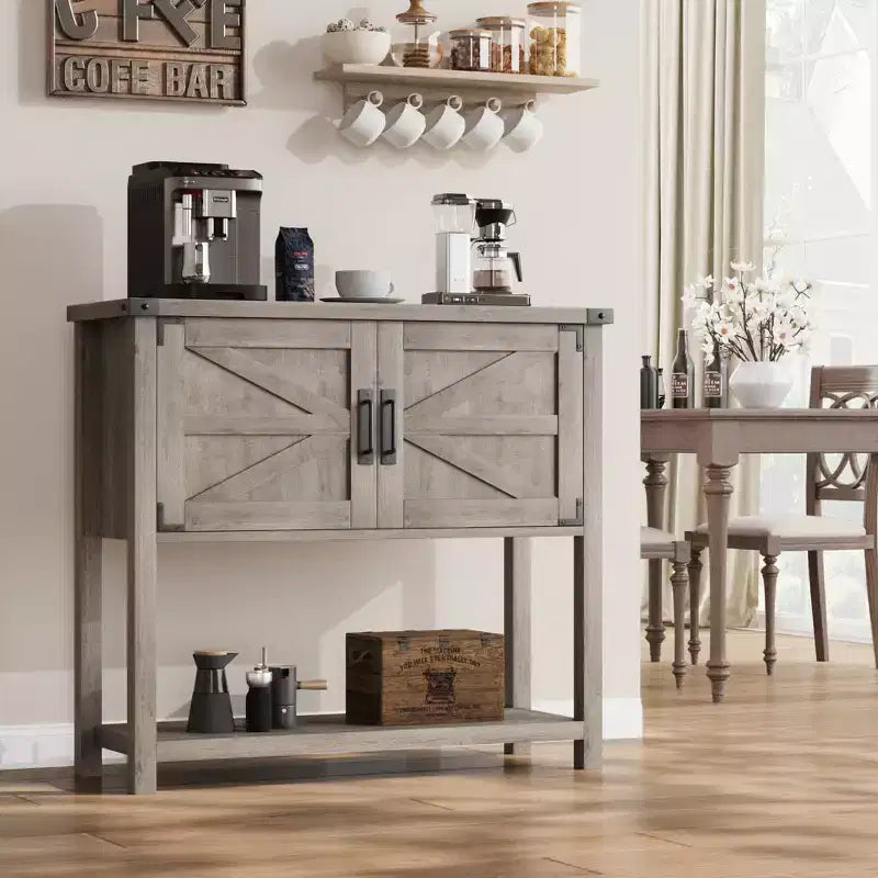 Table console de style rustique avec 2 portes et 2 tiroirs, meuble de rangement en bois pour cuisine, salle à manger, salon, entrée (blanc)