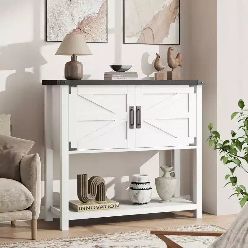 Table console de style rustique avec 2 portes et 2 tiroirs, meuble de rangement en bois pour cuisine, salle à manger, salon, entrée (blanc)
