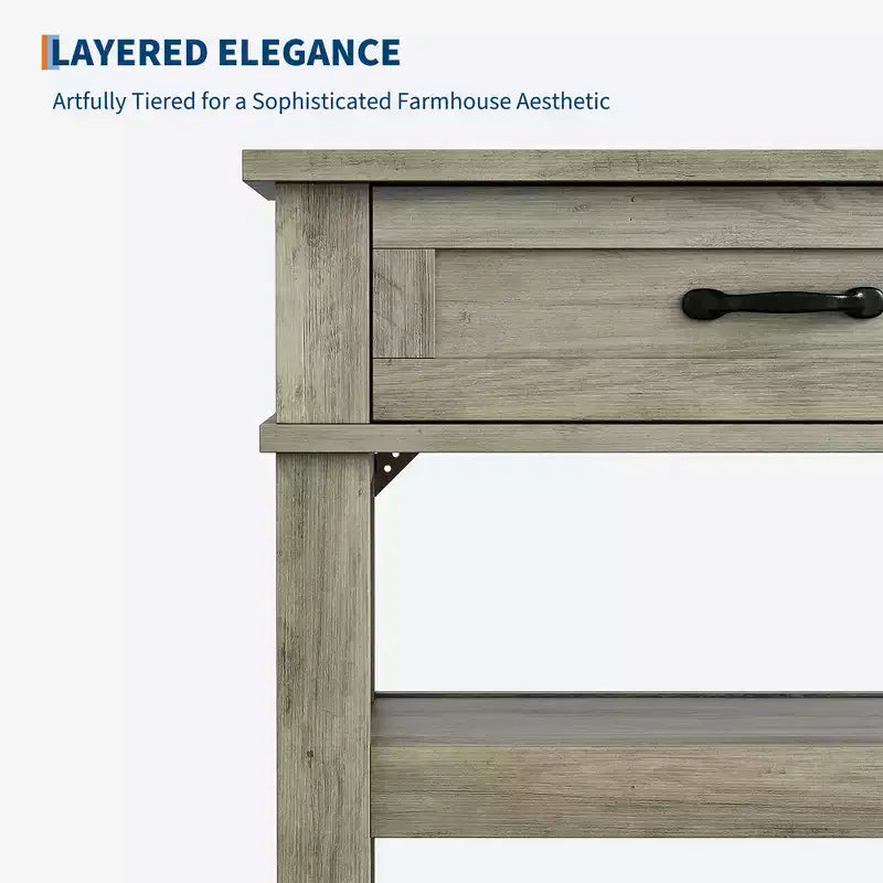 Console en bois à 3 niveaux style ferme avec 2 tiroirs de rangement – Table polyvalente pour entrée et canapé de salon