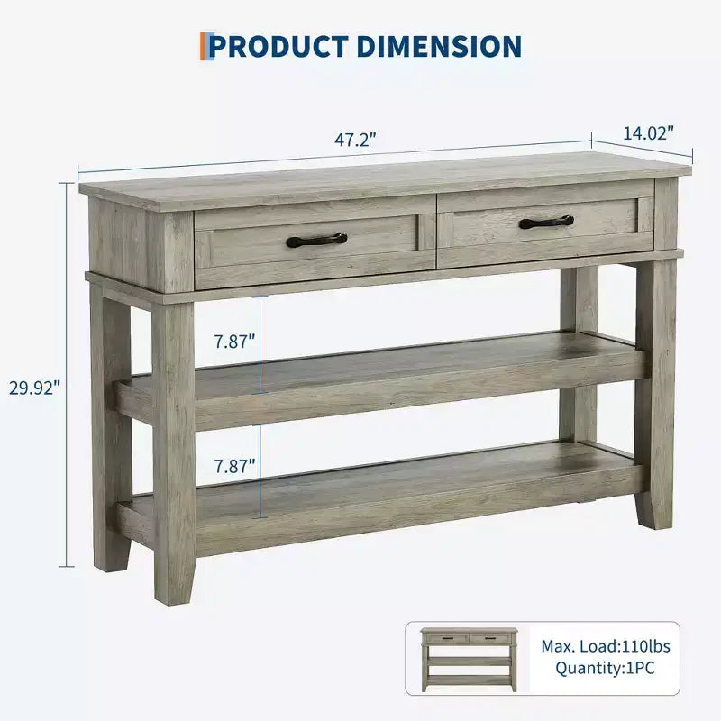 Console en bois à 3 niveaux style ferme avec 2 tiroirs de rangement – Table polyvalente pour entrée et canapé de salon