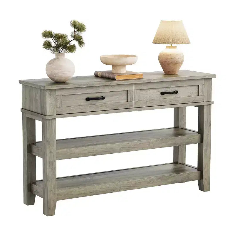 Console en bois à 3 niveaux style ferme avec 2 tiroirs de rangement – Table polyvalente pour entrée et canapé de salon