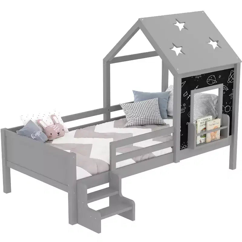 Lit cabane jumeau/double avec escalier et fenêtre, lit plateforme en bois massif avec bibliothèque pour enfants