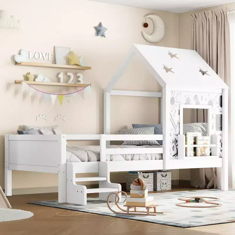 Lit cabane jumeau/double avec escalier et fenêtre, lit plateforme en bois massif avec bibliothèque pour enfants