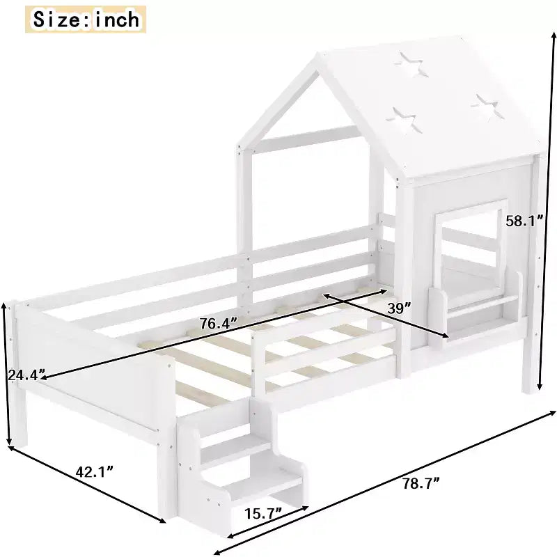 Lit cabane jumeau/double avec escalier et fenêtre, lit plateforme en bois massif avec bibliothèque pour enfants